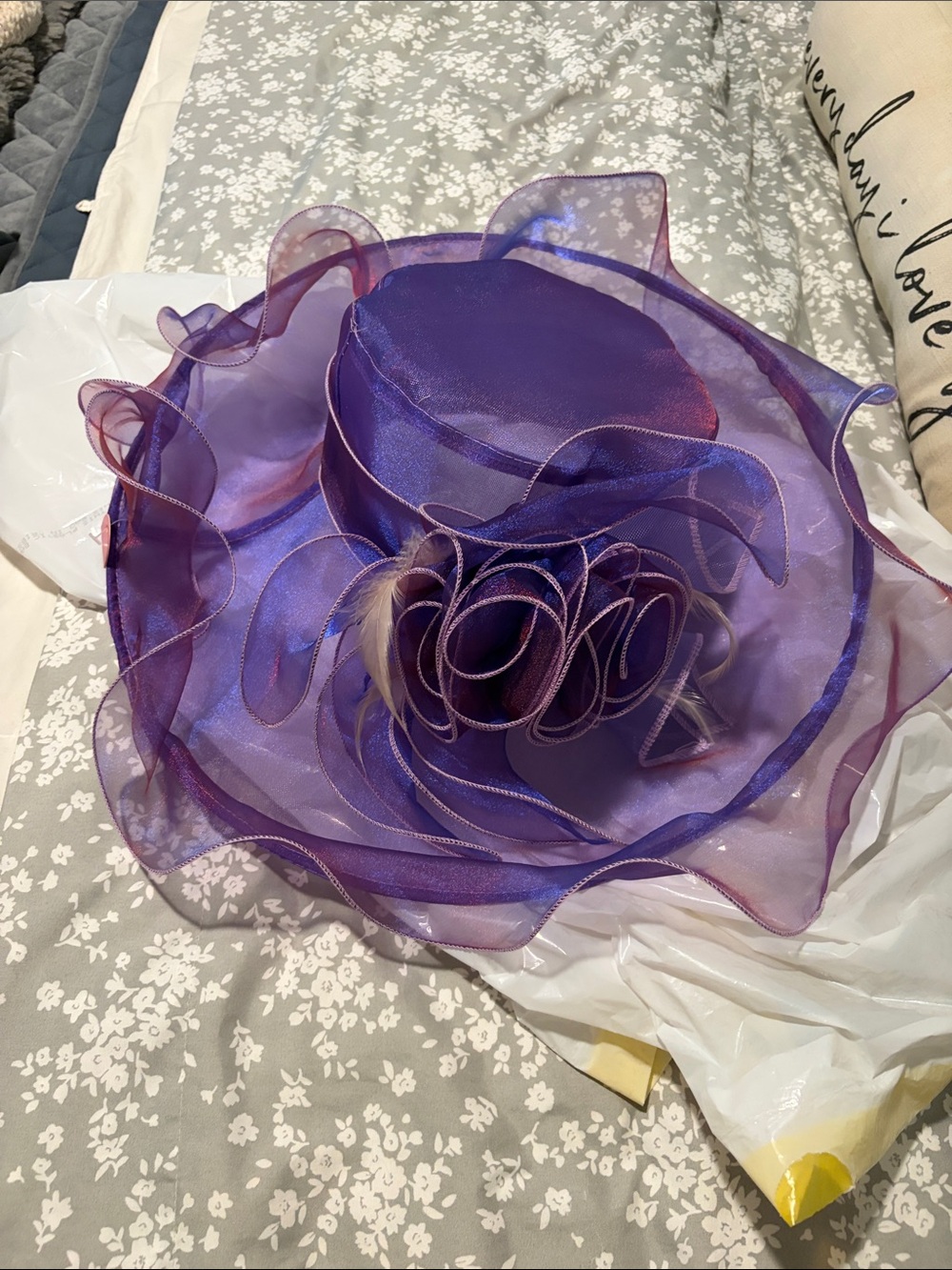 Elegant Purple Organza Floral Wide-Brim Ladies Hat